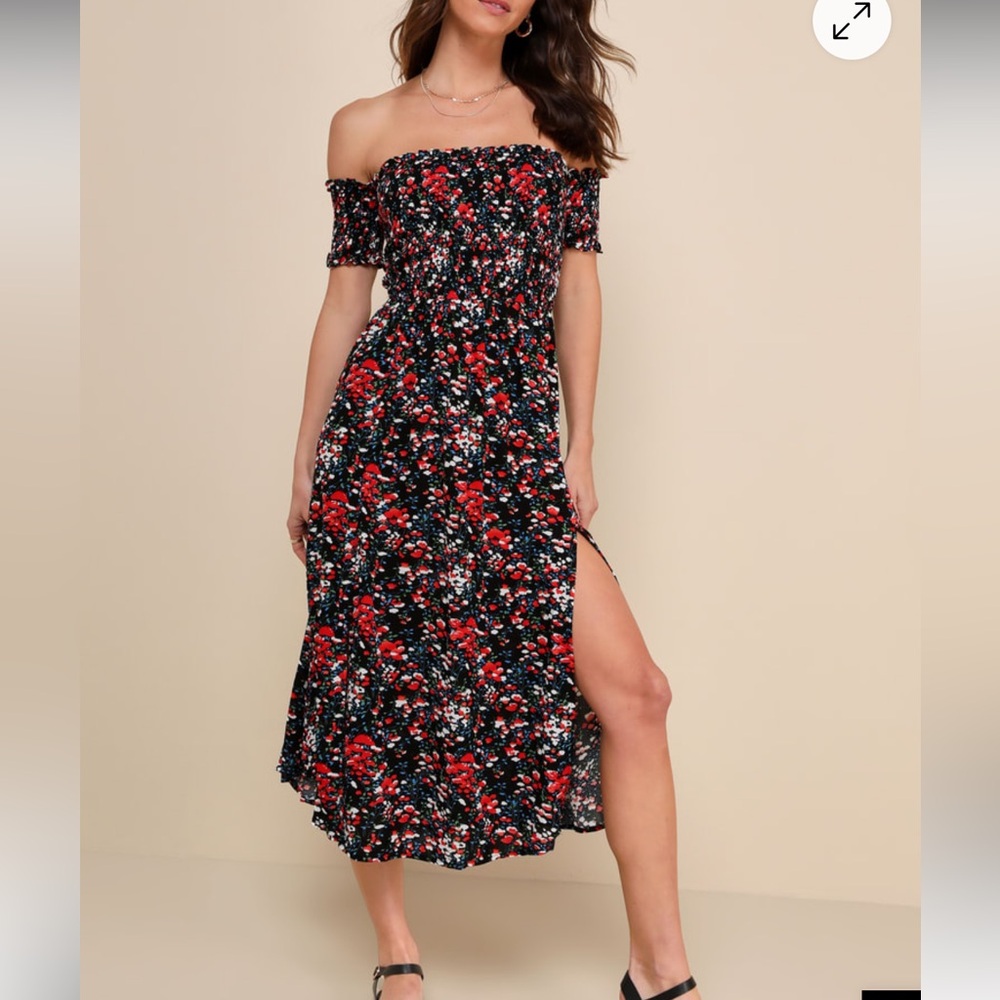 Lulu's Black and Red Floral Midi Dress
